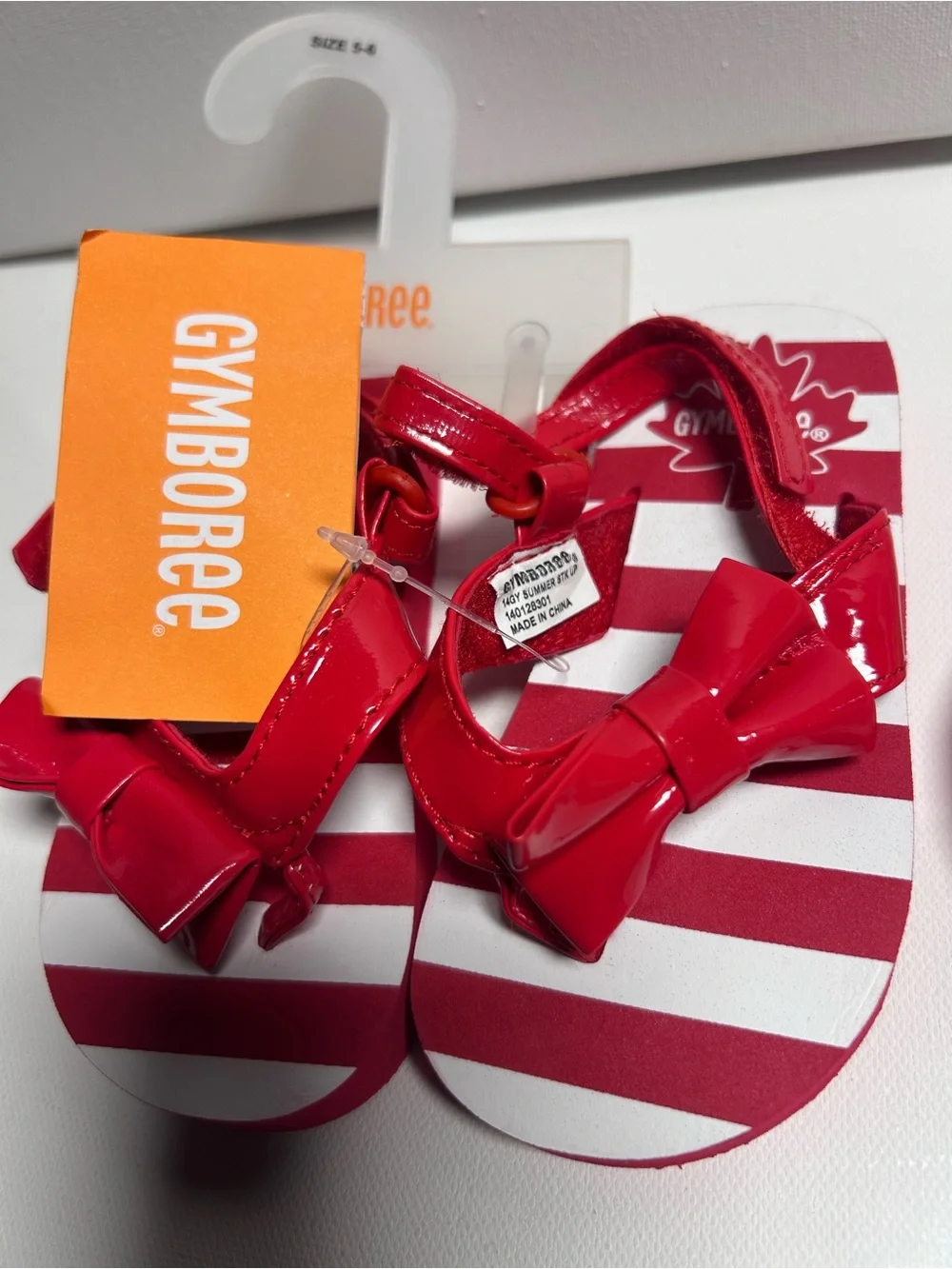 red white striped Gymboree flip-flop sandals patent bow girl’s 5/6